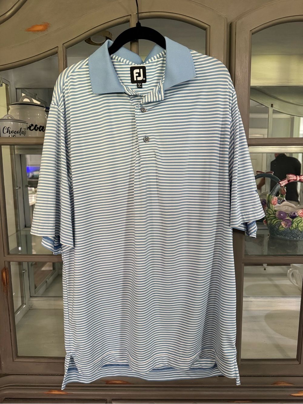 FootJoy Men’s Light Blue Striped Polo Shirt with sleeve logo